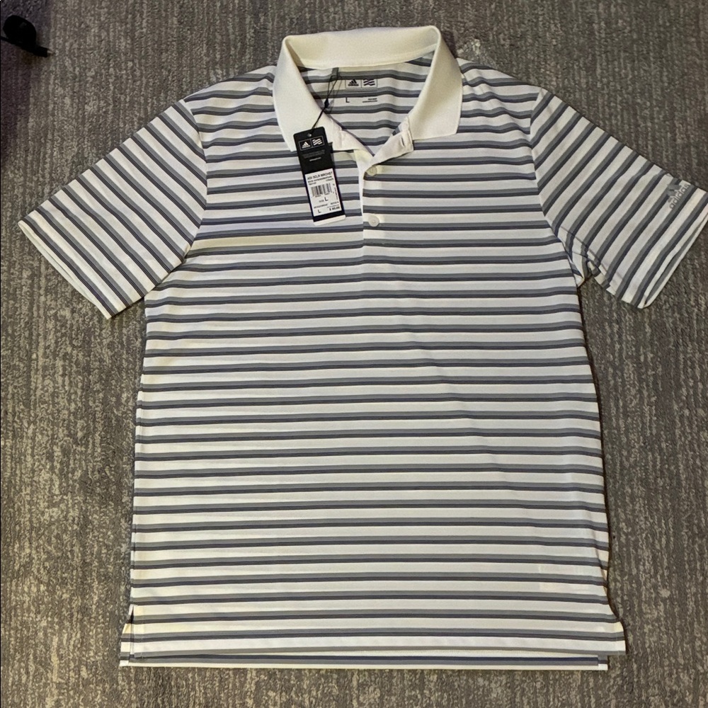 Adidas Men's Polo Shirt - Gray and White Stripes L